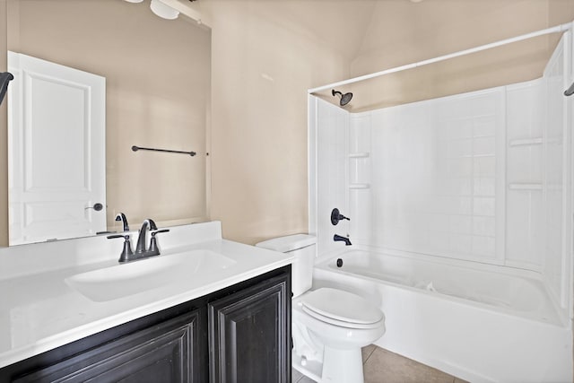 full bathroom with vanity, tub / shower combination, tile patterned floors, and toilet