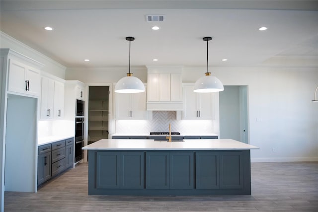 kitchen featuring white cabinetry, a kitchen island with sink, and pendant lighting