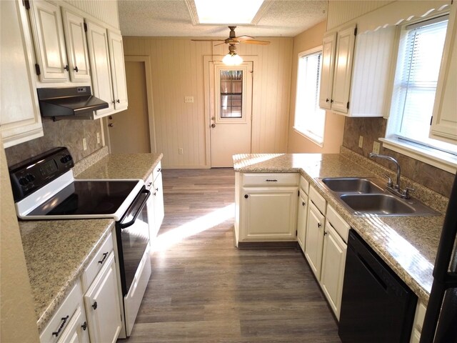 kitchen with white range with electric stovetop, white cabinetry, dishwasher, and sink