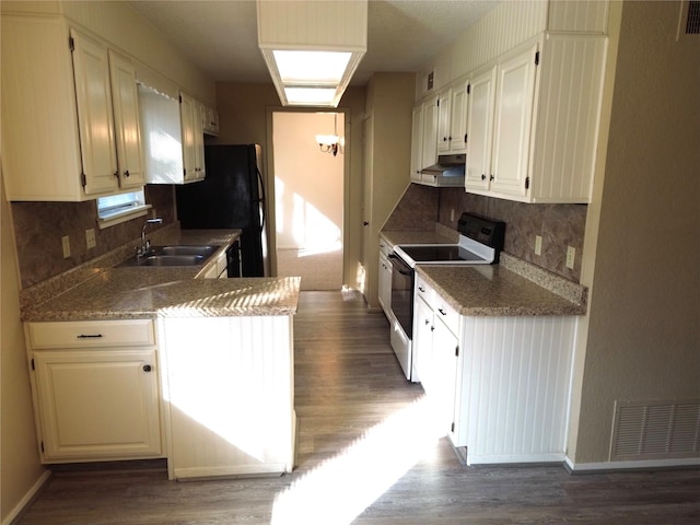 kitchen with white cabinetry, sink, dark hardwood / wood-style floors, white range with electric cooktop, and decorative backsplash