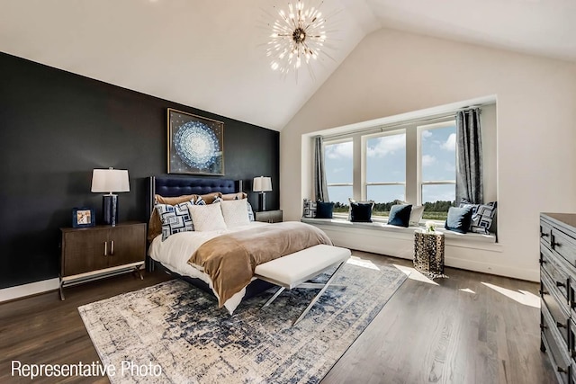 bedroom featuring a notable chandelier, dark hardwood / wood-style floors, and lofted ceiling