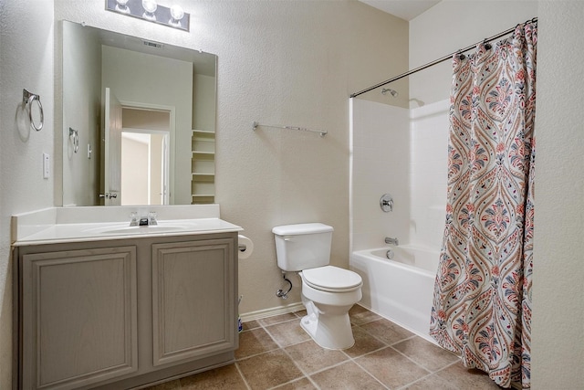 full bathroom with vanity, toilet, and shower / bathtub combination with curtain