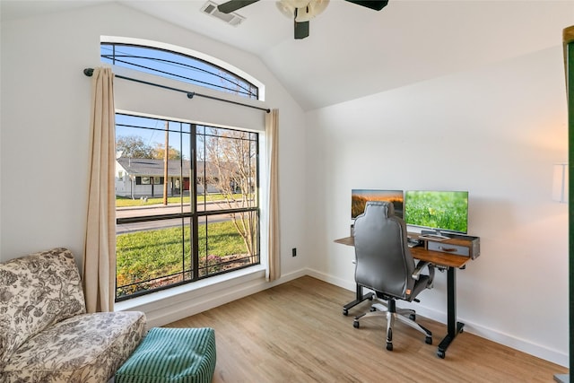 office with light wood-type flooring, vaulted ceiling, and ceiling fan