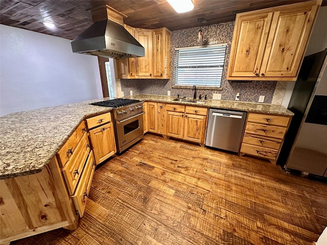 kitchen featuring appliances with stainless steel finishes, island range hood, tasteful backsplash, sink, and light wood-type flooring