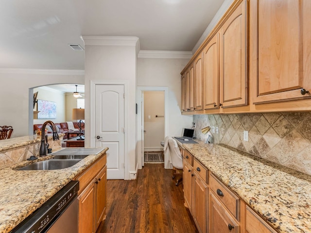 kitchen featuring backsplash, dark wood-type flooring, sink, stainless steel dishwasher, and ornamental molding