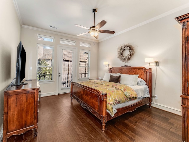 bedroom with ceiling fan, dark hardwood / wood-style floors, crown molding, and access to outside