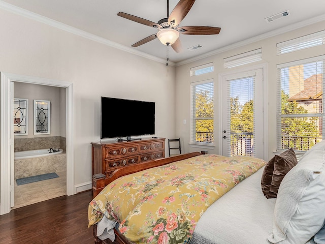 bedroom with crown molding, ensuite bath, ceiling fan, access to exterior, and dark hardwood / wood-style flooring