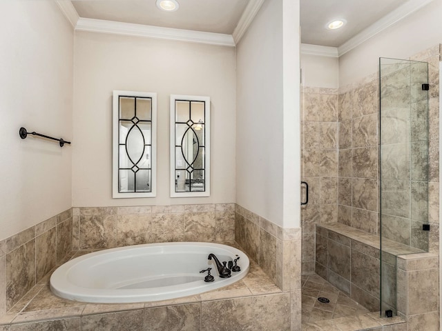 bathroom featuring independent shower and bath and ornamental molding