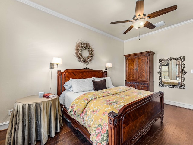 bedroom with dark wood-type flooring, ceiling fan, and crown molding