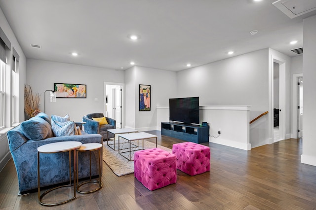 living room with dark wood-type flooring