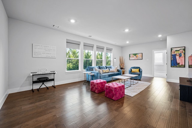 living room with dark wood-type flooring and a healthy amount of sunlight