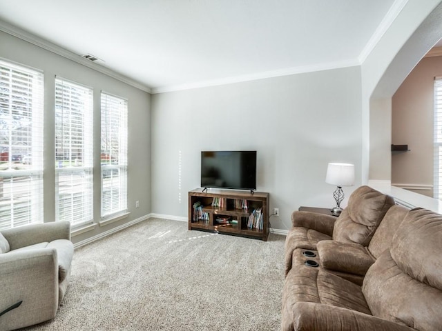 living room with ornamental molding, carpet floors, and a healthy amount of sunlight