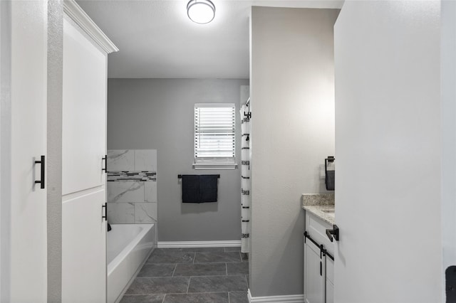 bathroom with shower / bath combo with shower curtain and vanity