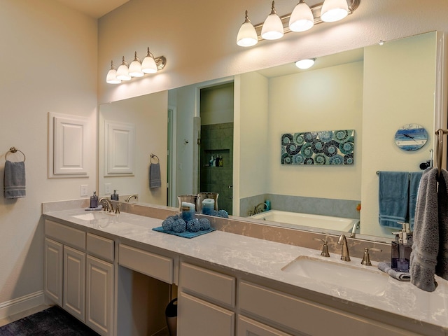 bathroom featuring plus walk in shower and vanity