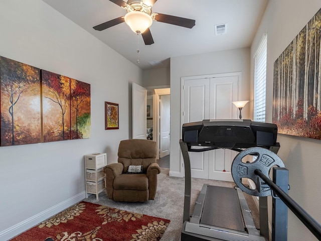 workout room with carpet flooring and ceiling fan