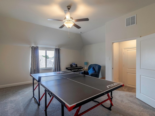 playroom featuring vaulted ceiling, carpet floors, and ceiling fan