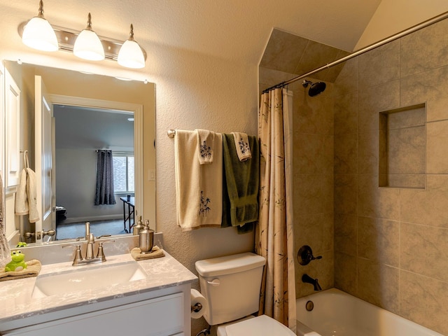 full bathroom featuring vanity, vaulted ceiling, shower / bathtub combination with curtain, and toilet