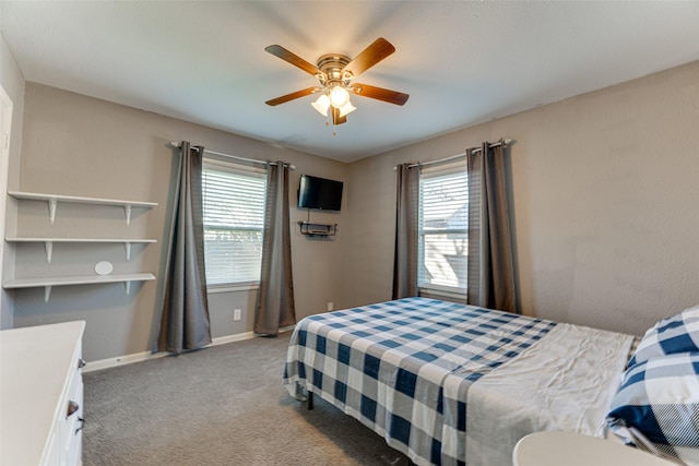 bedroom with light colored carpet and ceiling fan