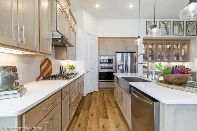 kitchen featuring appliances with stainless steel finishes, decorative light fixtures, sink, a center island with sink, and light wood-type flooring