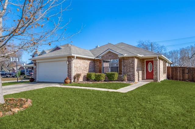 single story home featuring a front yard and a garage