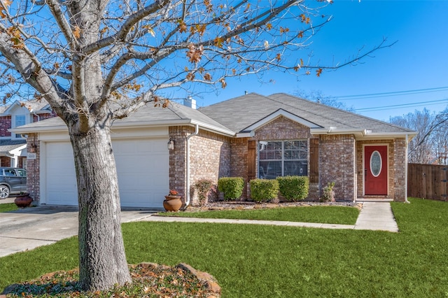 ranch-style house with a garage and a front lawn