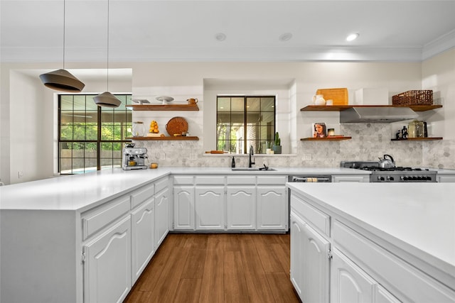 kitchen with white cabinetry, sink, tasteful backsplash, stove, and light hardwood / wood-style floors