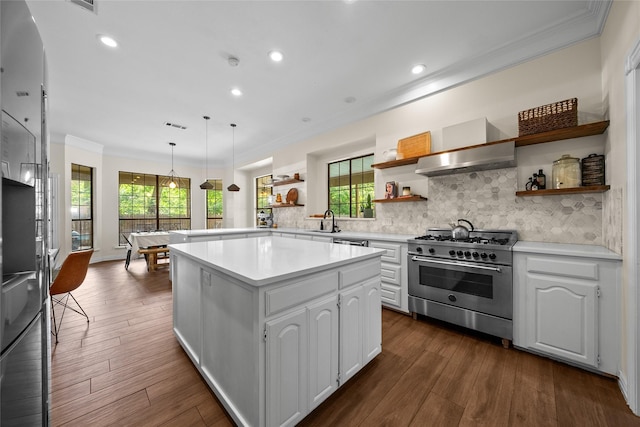 kitchen with white cabinetry, hanging light fixtures, a kitchen island, ventilation hood, and high end range