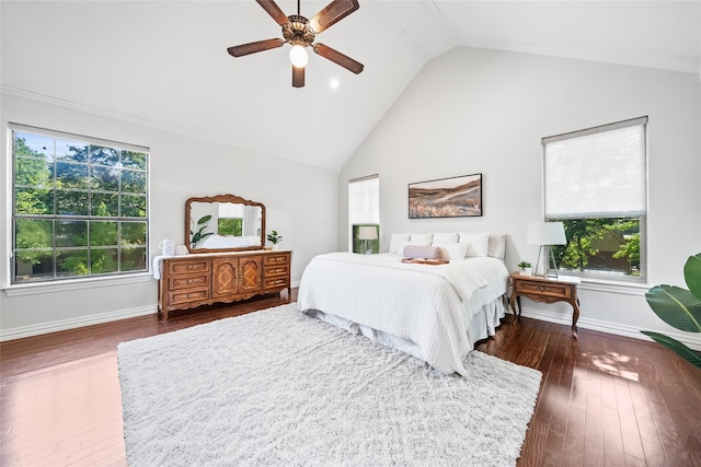 bedroom with multiple windows, ceiling fan, dark hardwood / wood-style flooring, and vaulted ceiling