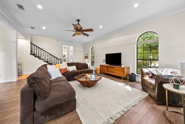 living room with hardwood / wood-style floors, ceiling fan, and crown molding