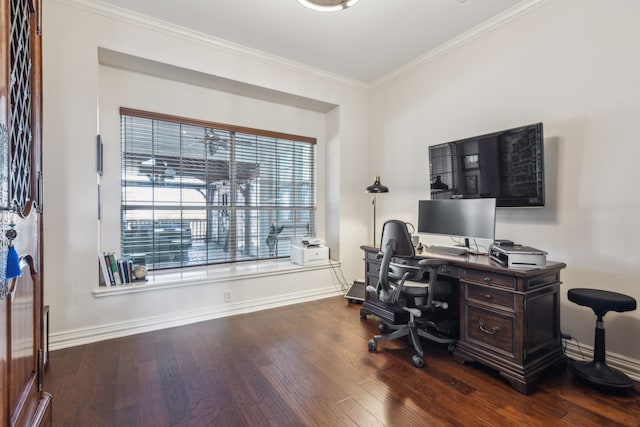 office with a wealth of natural light, wood finished floors, and crown molding