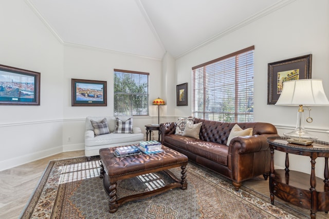 living room featuring lofted ceiling and ornamental molding