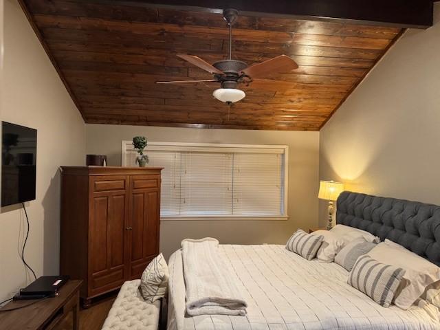 bedroom featuring ceiling fan, lofted ceiling, and wood ceiling