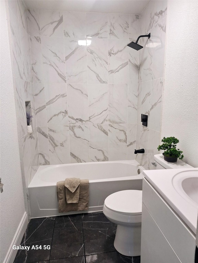 full bathroom with vanity,  shower combination, and toilet