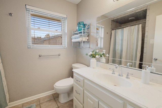 bathroom with tile patterned floors, vanity, toilet, and a shower with shower curtain