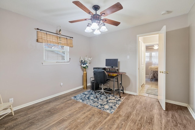 office featuring ceiling fan and hardwood / wood-style flooring