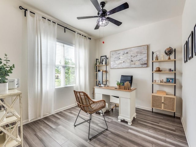 home office featuring hardwood / wood-style floors and ceiling fan