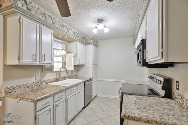 kitchen with white cabinets, stove, stainless steel dishwasher, and sink