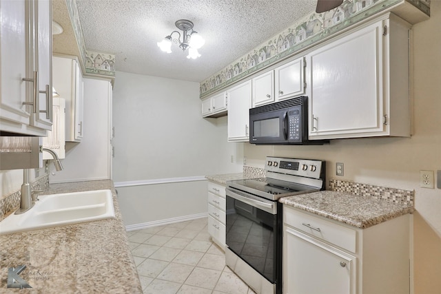 kitchen with a textured ceiling, sink, light tile patterned floors, white cabinets, and stainless steel electric range oven