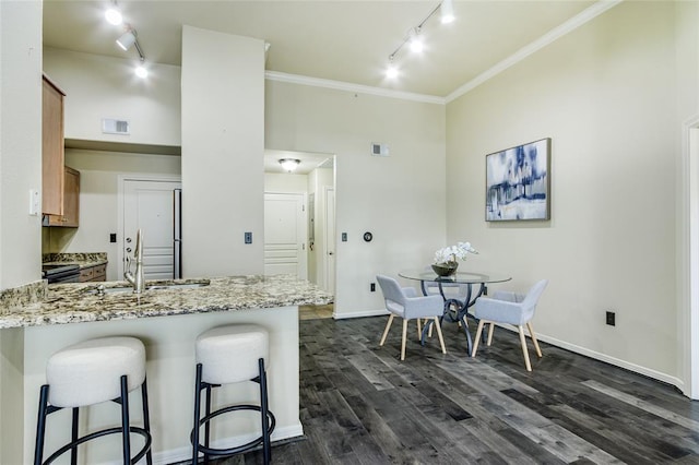 kitchen with dark wood-type flooring, ornamental molding, light stone countertops, a kitchen bar, and kitchen peninsula