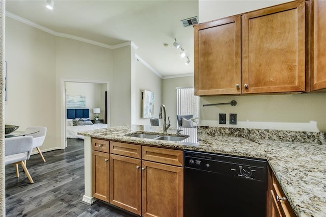 kitchen featuring crown molding, light stone countertops, black dishwasher, and sink