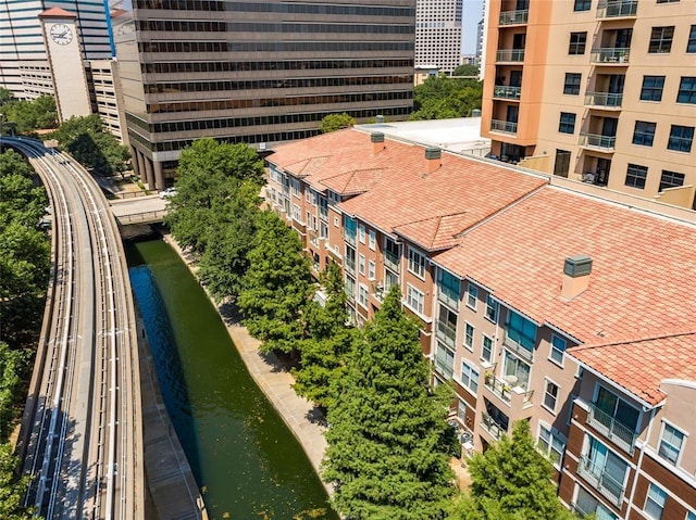 drone / aerial view with a water view