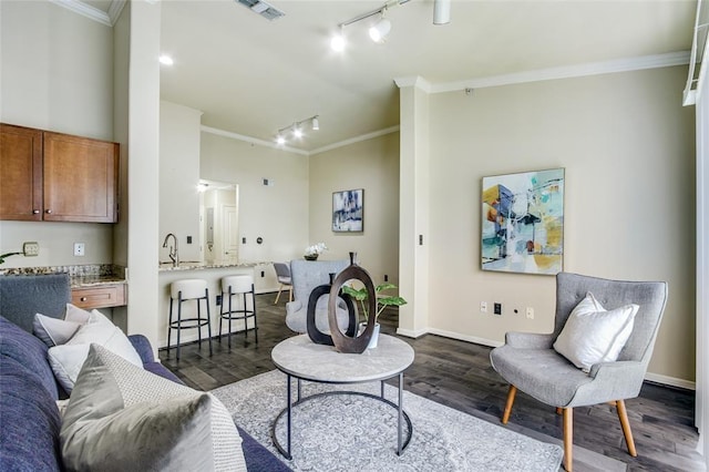 living room featuring ornamental molding, dark hardwood / wood-style flooring, sink, and rail lighting