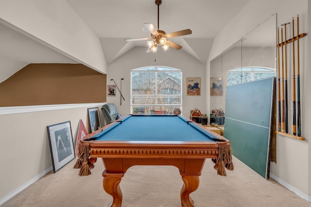 recreation room featuring pool table, lofted ceiling, light colored carpet, and ceiling fan