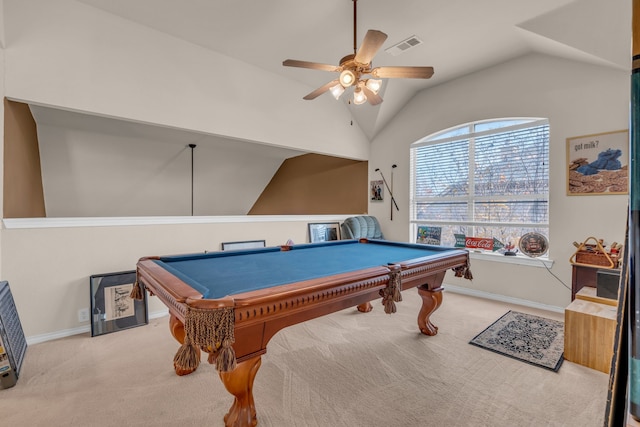 rec room with ceiling fan, lofted ceiling, light colored carpet, and pool table