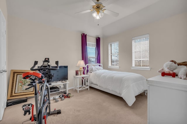 bedroom featuring ceiling fan and carpet floors