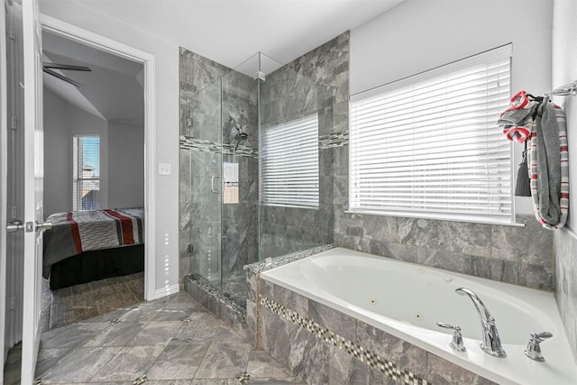 bathroom with ceiling fan and shower with separate bathtub