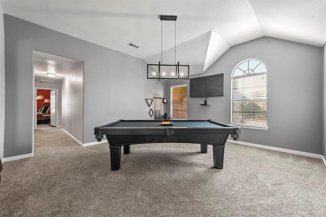 rec room with carpet flooring, lofted ceiling, and billiards