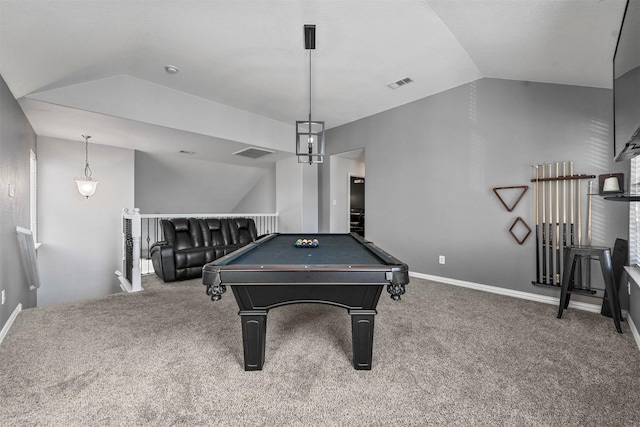 recreation room with carpet, vaulted ceiling, and pool table