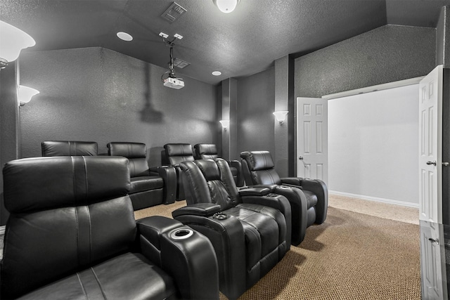 carpeted cinema featuring lofted ceiling