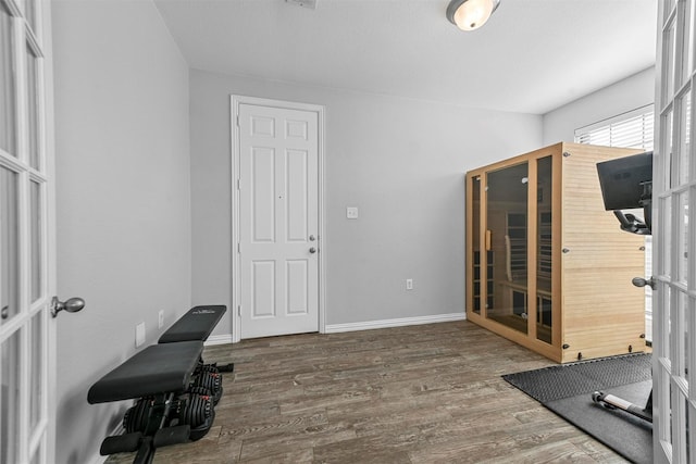 exercise room with dark hardwood / wood-style flooring and french doors